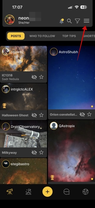 Tapping on hamburger menu in Picastro app.