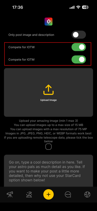 Checking Image of the Week/Month toggles to participate in contest in Picastro app. 