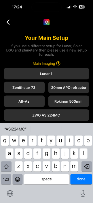Creating new setup in Picastro app. 