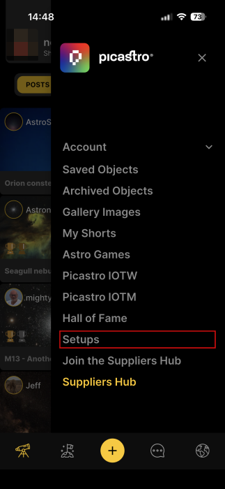 Tapping on "Setups" in Picastro app on iPhone.
