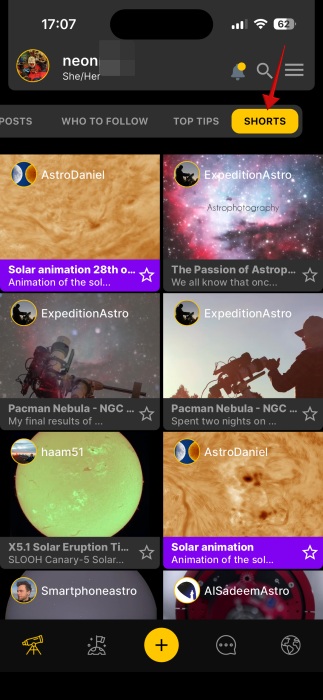 View of Shorts section in Picastro app. 