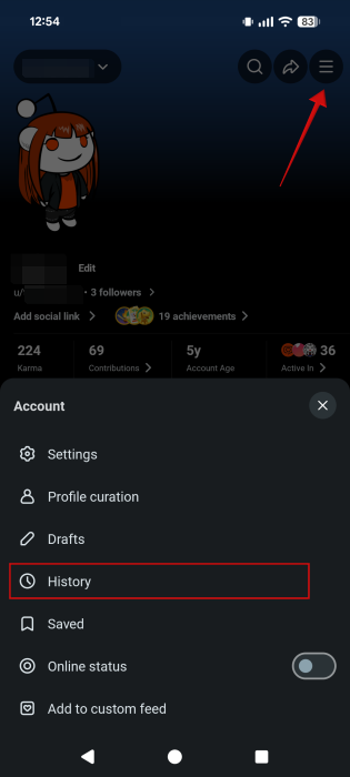 Selecting "History" on Reddit for Android.