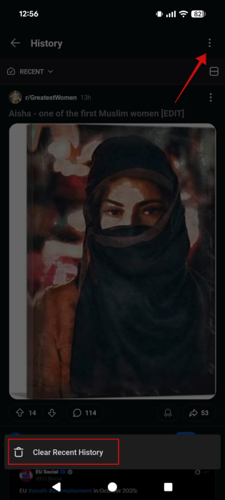 Selecting "Clear Recent History" option in Reddit app on Android. 