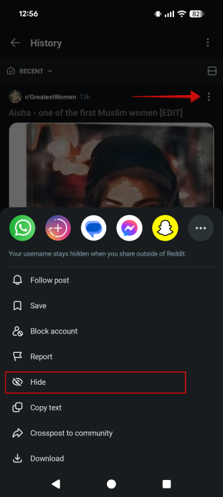 Hiding post from personal browsing history in Reddit app on Android. 