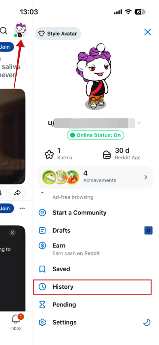 Accessing History in Reddit app on iPhone. 