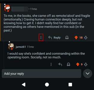 Tapping three dots on comment in Reddit on Android.