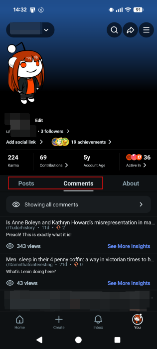 Viewing Posts and Comments on Reddit profile on Android.