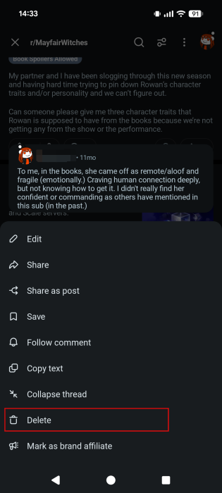 Deleting comment on Reddit on Android.