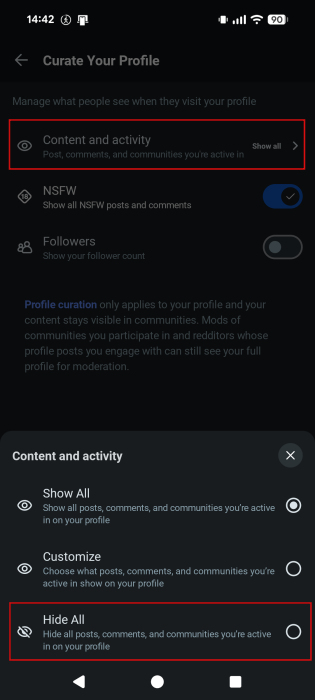 Hiding all comments and posts from Reddit profile via Android.