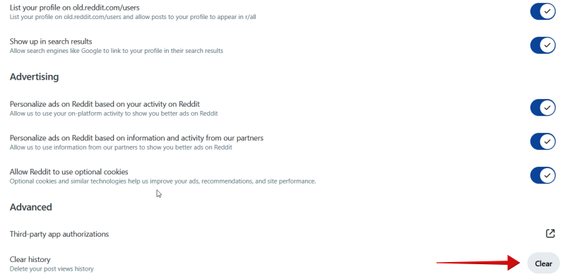 Clearing history for Reddit on PC. s
