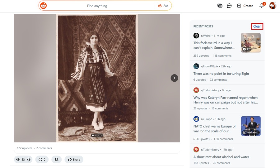 Clearing "Recent Posts" on Reddit on PC. 