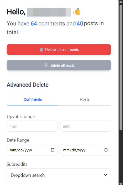 Deleting comments and posts in bulk with Redditor Reborn. 