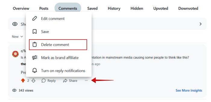 Deleting a comment from history on Reddit on PC. 