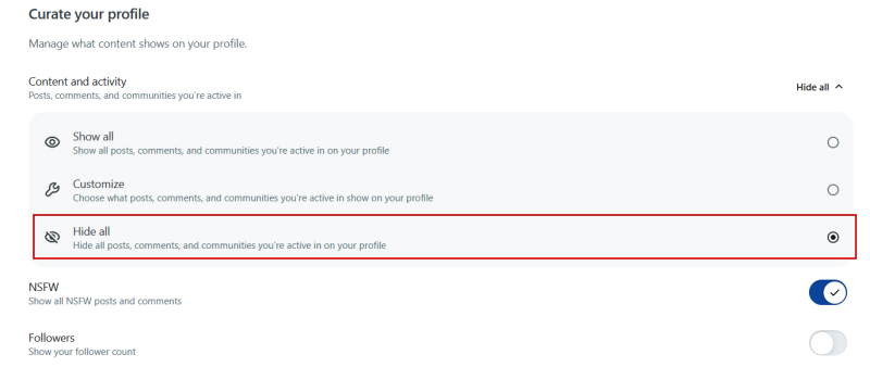 Selecting to hide content on your Reddit profile on PC. 