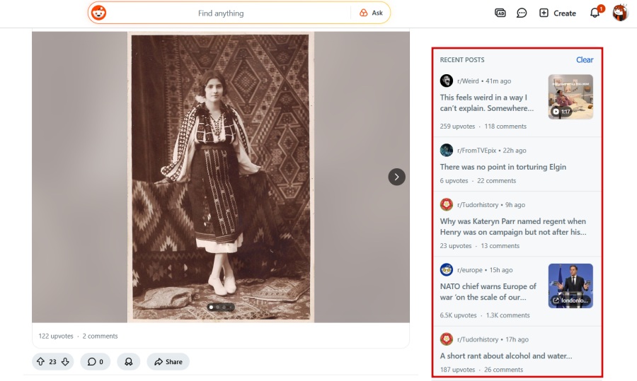 Viewing "Recent Posts" on Reddit on PC. 