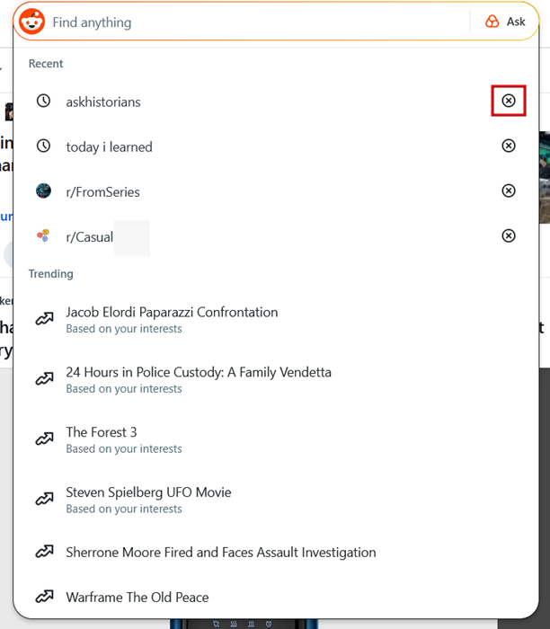 Viewing recent search history on Reddit on PC. 