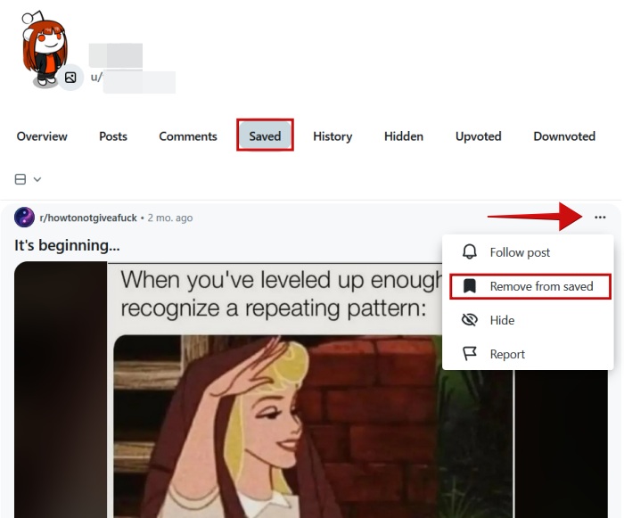 Selecting "Remove from saved" option for saved post on Reddit on PC. 
