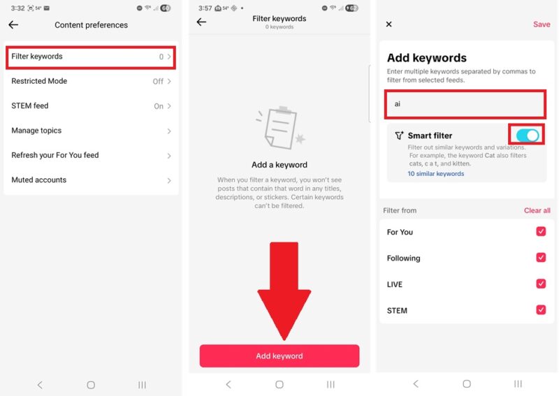 Adding keywords to filter AI content on TikTok.