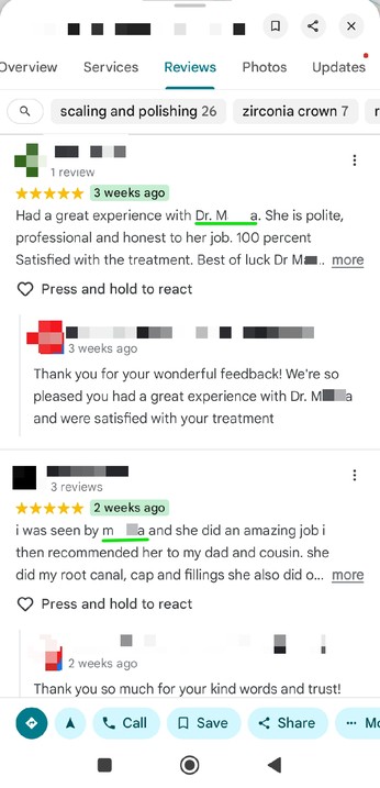 Google reviews with name mentions