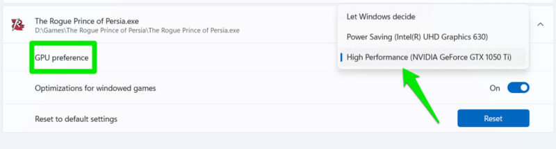 Selecting dedicated GPU for an app in Windows Settings