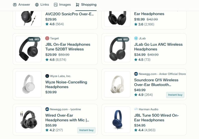 Finding Instant Buy options on Perplexity.