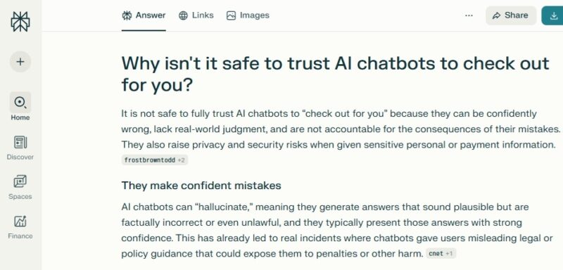 Perplexity's answer to why you shouldn't trust AI chatbots to check out for you.