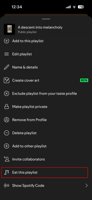 Selecting "Eat this playlist" option in the Spotify app.
