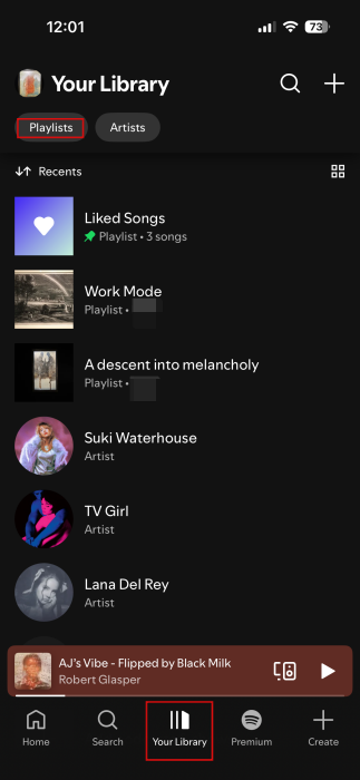 Switching to "Your Library" and viewing Playlists in Spotify app.