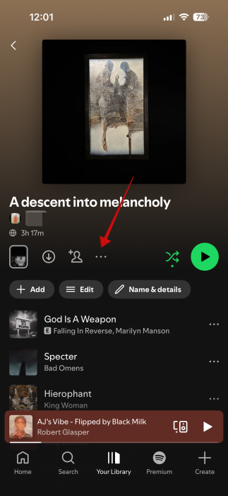Tapping three-dot icon in playlist screen in Spotify app.