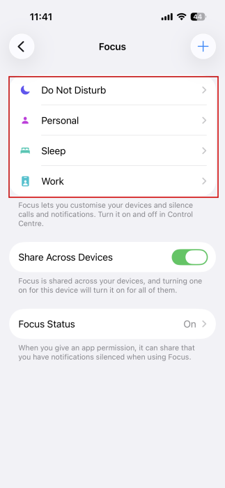 Focus modes view in iPhone Settings. 