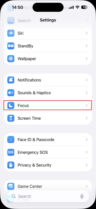 Tapping on "Focus" option in iPhone Settings. 