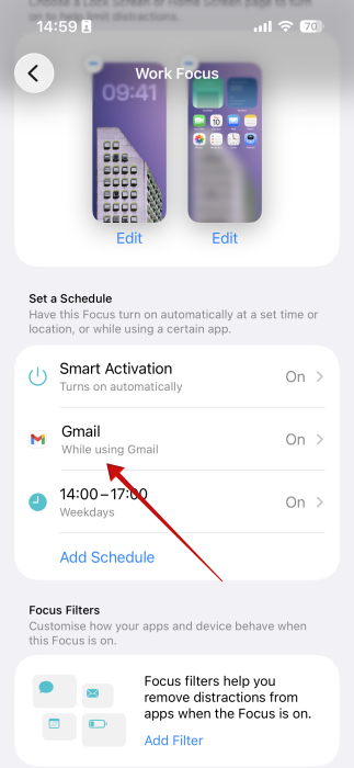 Tapping on schedule for Focus mode on iPhone.