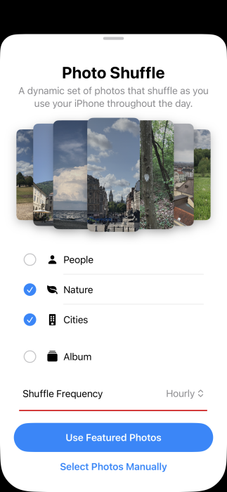 Photo Shuffle options view in iPhone Settings. 