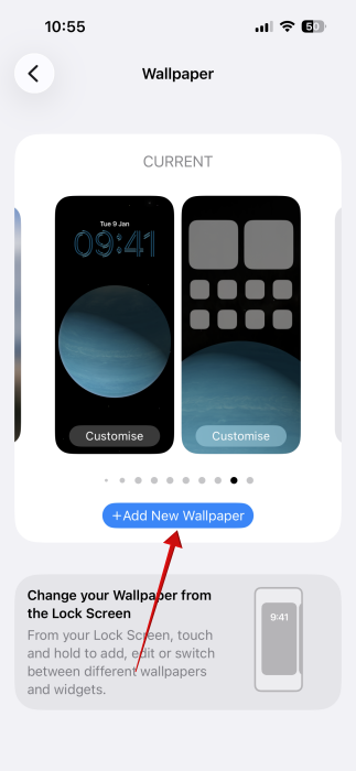 Tapping on "Add New Wallpaper" button in iPhone Settings. 