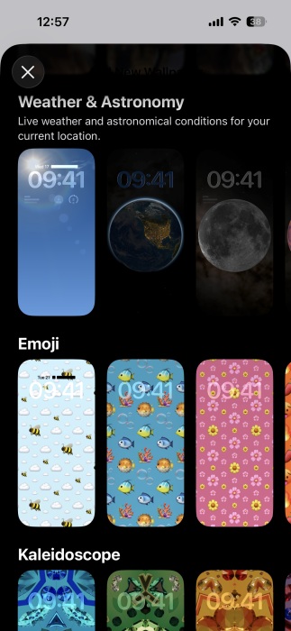 View of Weather & Astronomy native wallpaper options on iPhone. 
