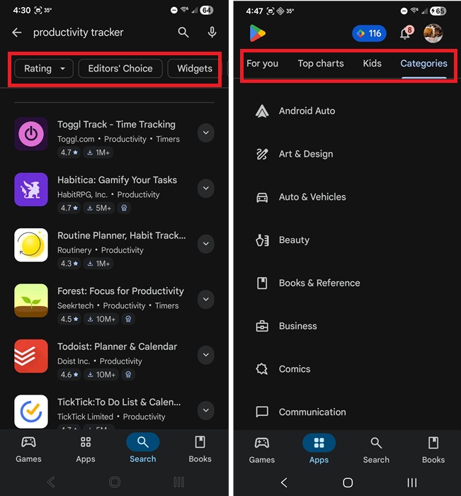 Using Google Play Store filters.