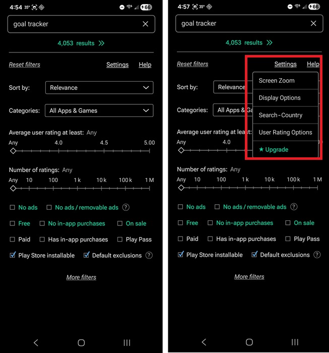 Viewing App Finder main screen and settings.