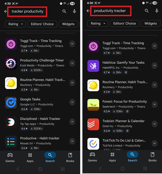 Searching for tracker productivity and productivity tracker in Google Play Store.