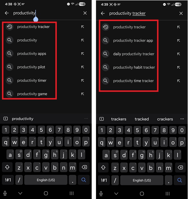 Viewing suggested searches in Play Store.