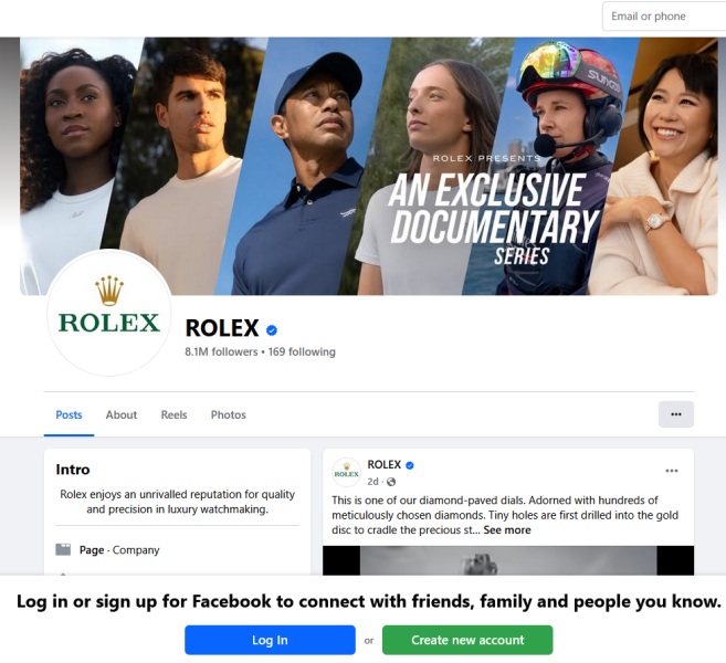 Facebook brand page view without being logged in with an account.