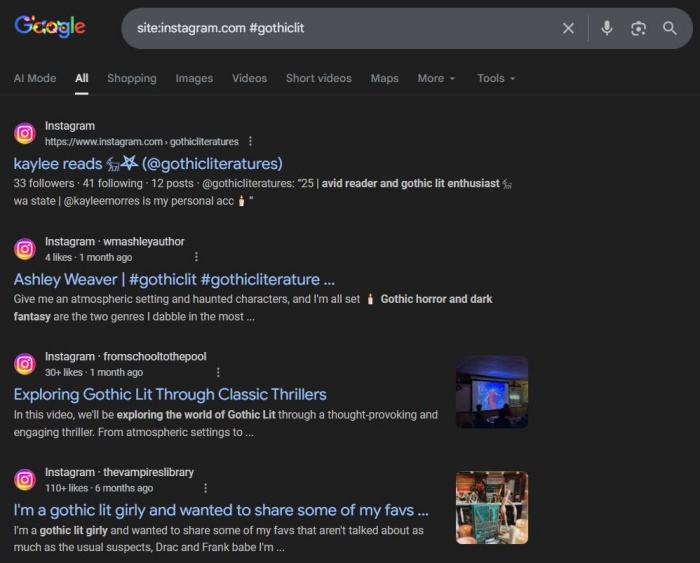 Searching for tagged content on Instagram using Google Search. 