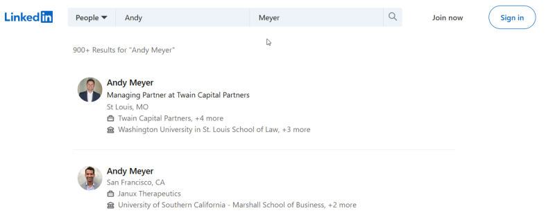 Browsing LinkedIn people directory for specific account.