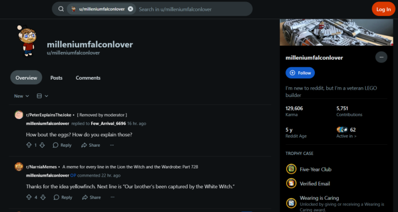 Viewing user profile on Reddit without account.