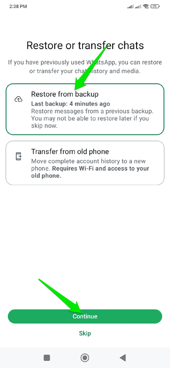 WhatsApp Restore Backup options