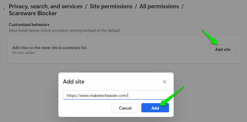 Whitelisting website in scareware blocker Edge