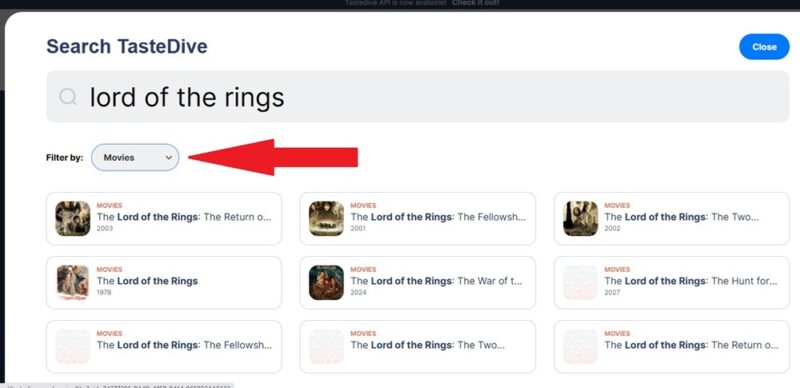 Searching for Lord of the Rings on TasteDive.