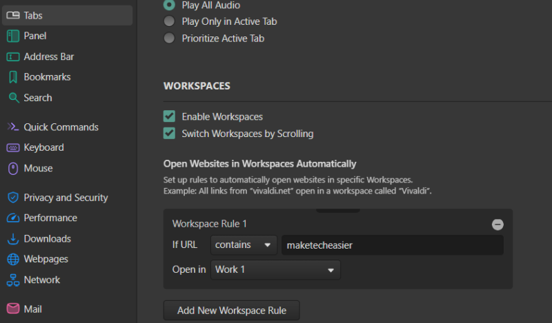 Adding Workspace Rules In Vivaldi Settings