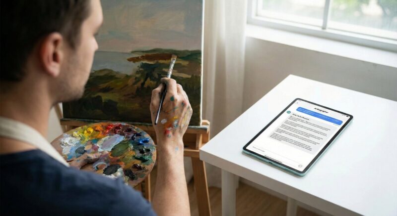 Artist Painting Canvas While Ai Writes Biography