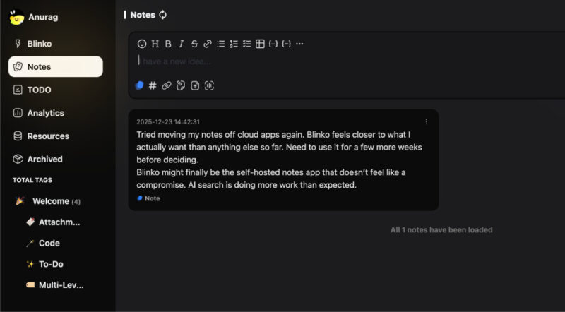Screenshot showing Blinko Notes interface