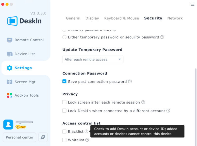 DeskIn password settings